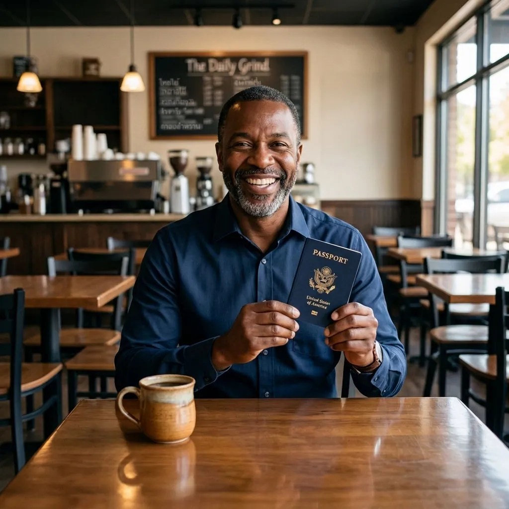 black american man in coffee shop holding US passport